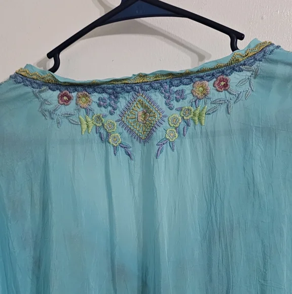 Johnny Was Vicenza Tunic Women's L Bright Turquoise Embroidered Boho Hippie Chic - Picture 8 of 10